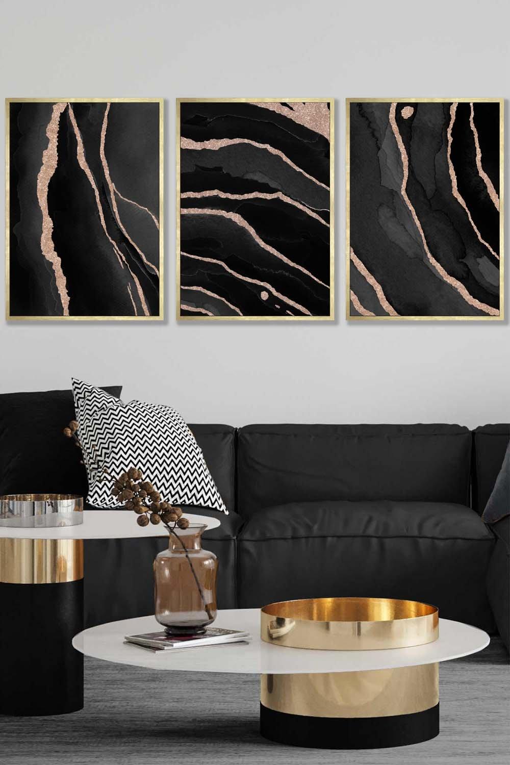 Abstract Black Grey Gold Strokes Framed Wall Art - Large